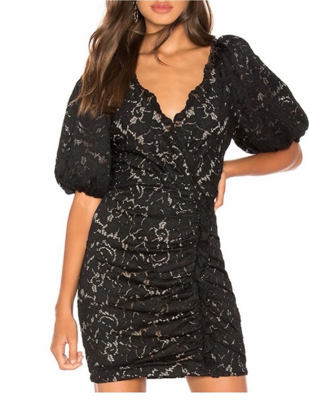 Saylor Black Lace Puff-Sleeve Ruched Mini Dress Size Small NEW Cocktail dress
